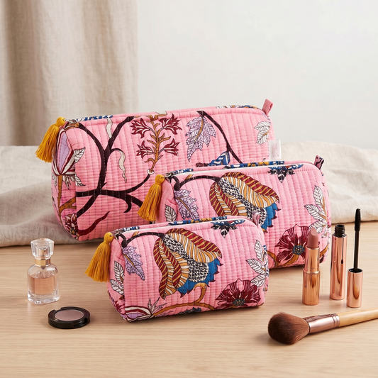 Set Of 3 Makeup Bag, Pink Flora Floral Block Print Cotton Travel Case, Quilted Cosmetic Storage Bag Set