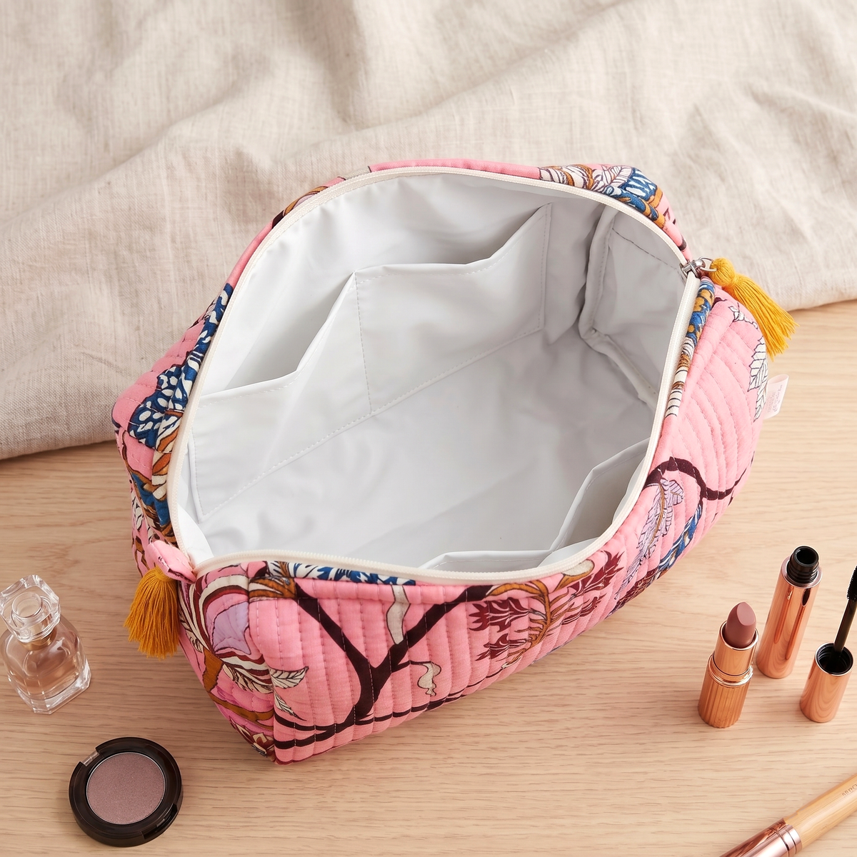 Set Of 3 Makeup Bag, Pink Flora Floral Block Print Cotton Travel Case, Quilted Cosmetic Storage Bag Set