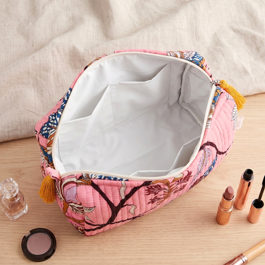 Set Of 3 Makeup Bag, Pink Flora Floral Block Print Cotton Travel Case, Quilted Cosmetic Storage Bag Set