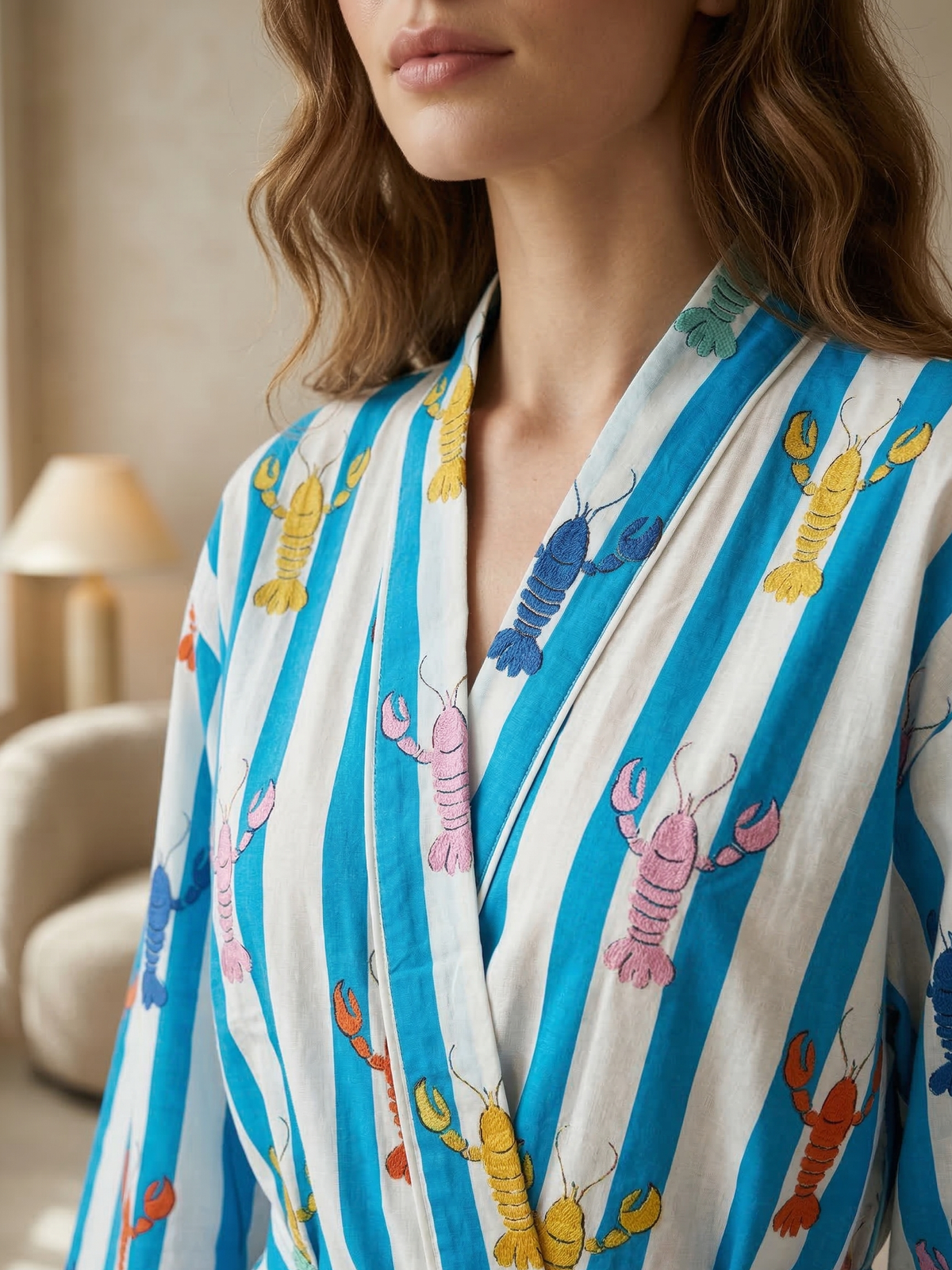 Hot Pink & White Striped Cotton Kimono | Multi-Colored Lobster Motif Lounge & Spa Robe