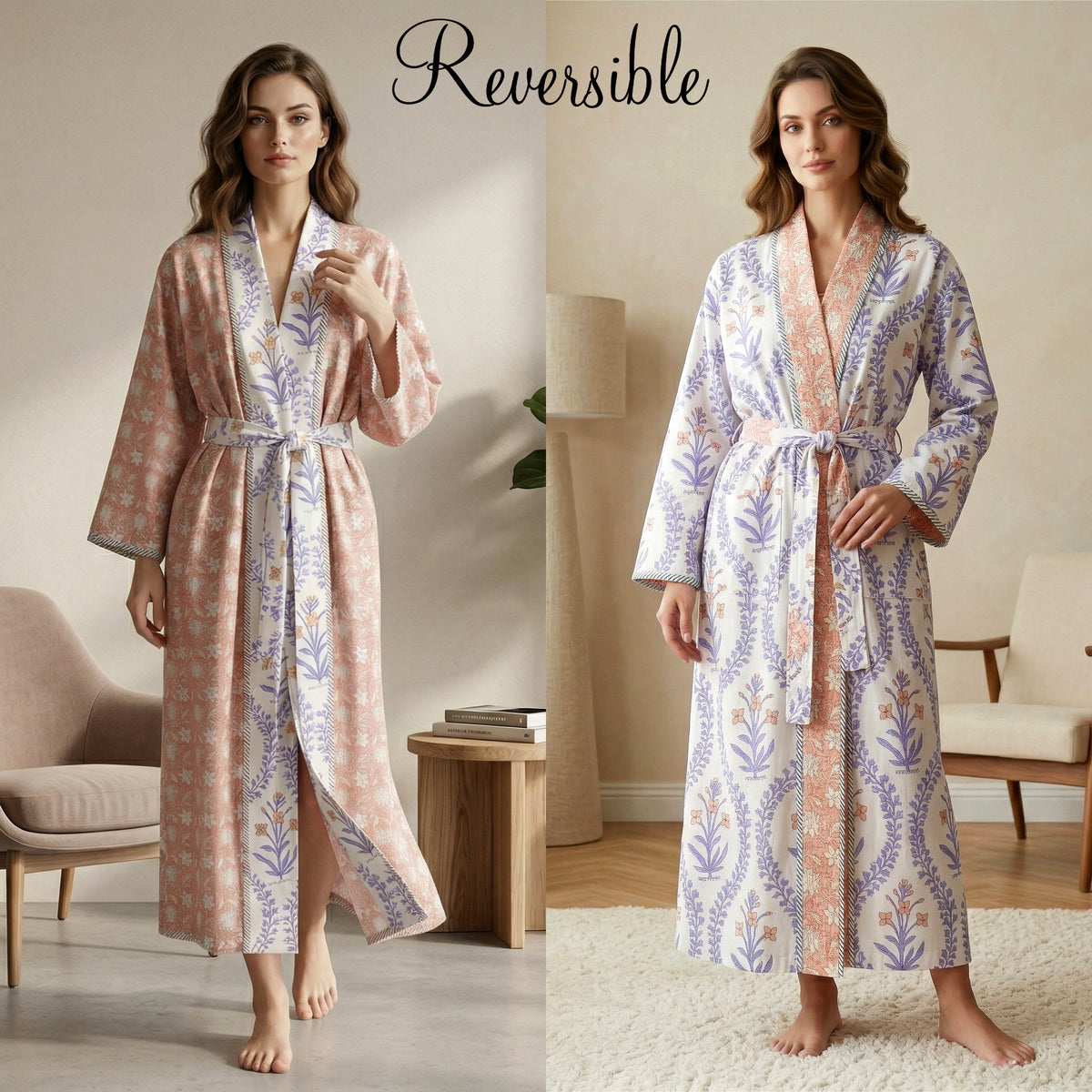 Reversible Block Printed Cotton Wrap Dress | Mint Green Stripe & Pink Floral Motif Lounge Robe