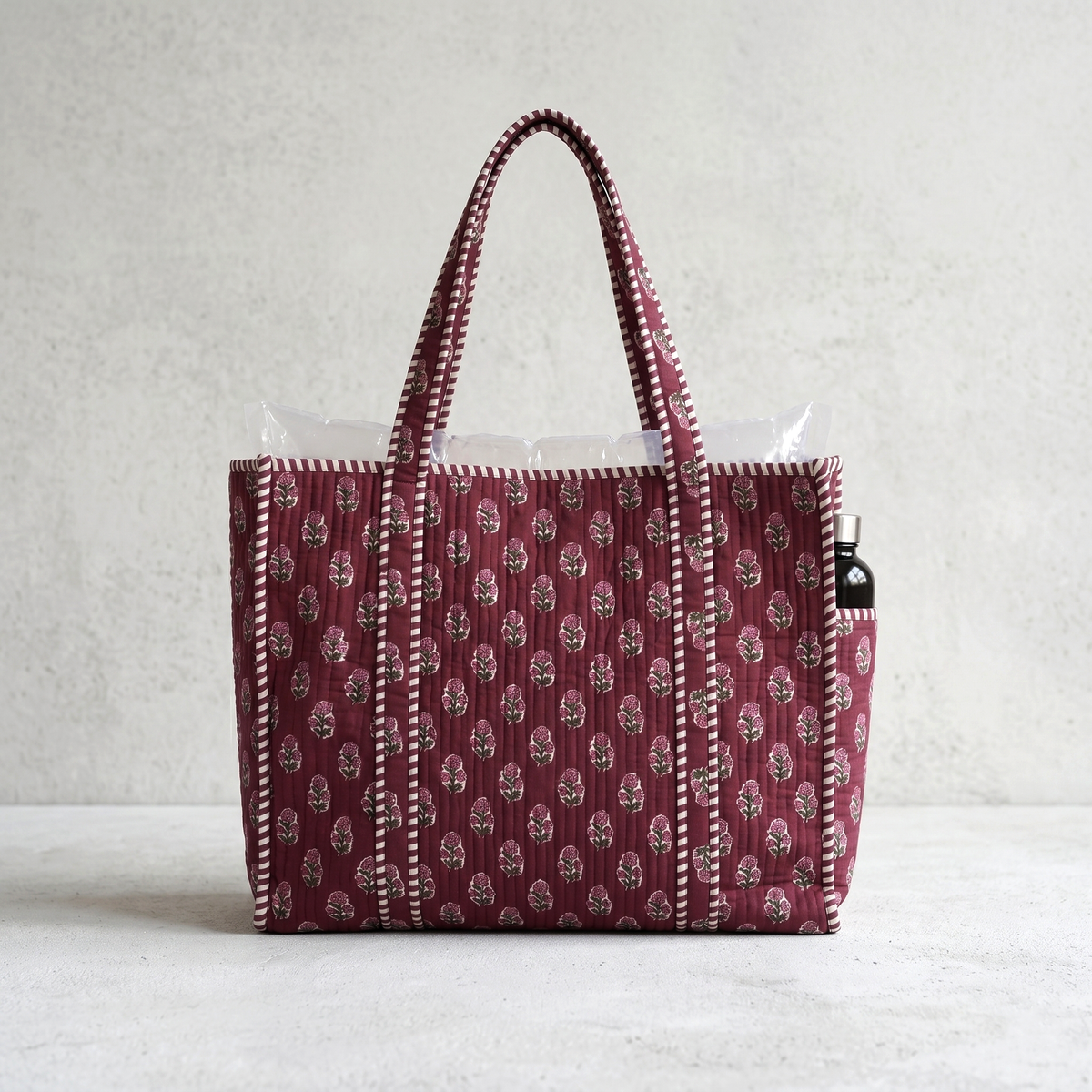 Handmade Maroon Floral Buti Block Print Quilted Cotton Tote Bag, Indian Boho Shoulder Bag, Minimalist Botanical Travel Beach Bag