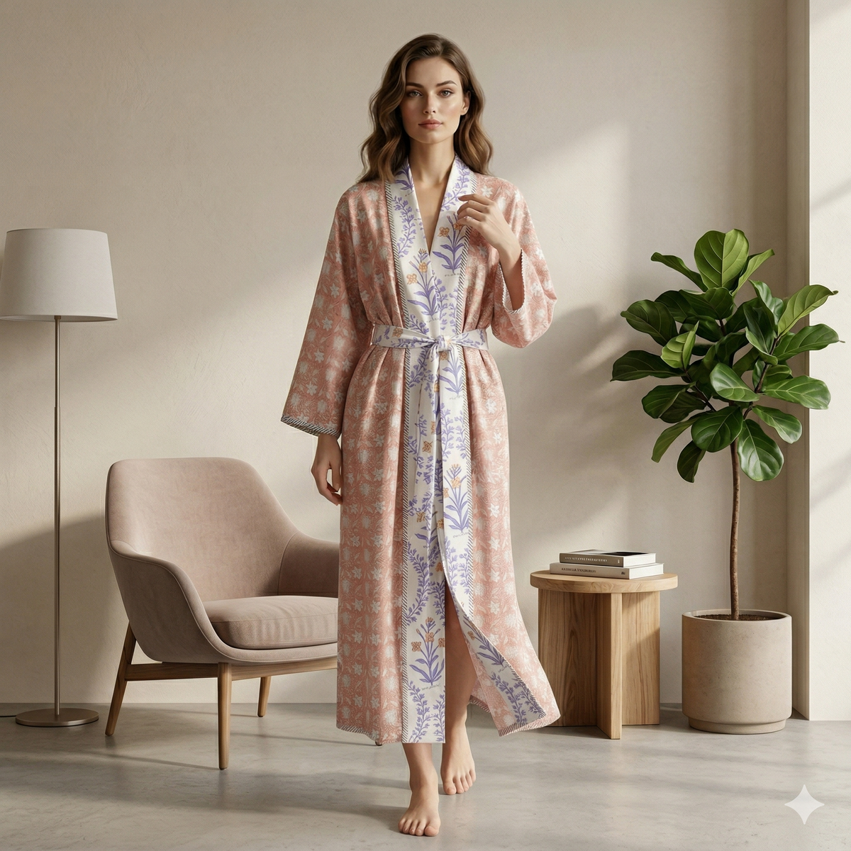 Reversible Block Printed Cotton Wrap Dress | Mint Green Stripe & Pink Floral Motif Lounge Robe