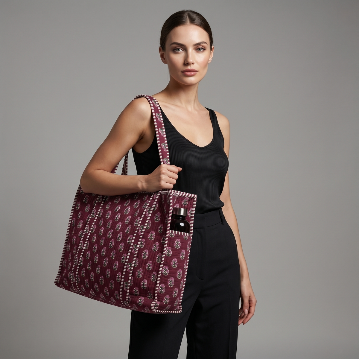 Handmade Maroon Floral Buti Block Print Quilted Cotton Tote Bag, Indian Boho Shoulder Bag, Minimalist Botanical Travel Beach Bag