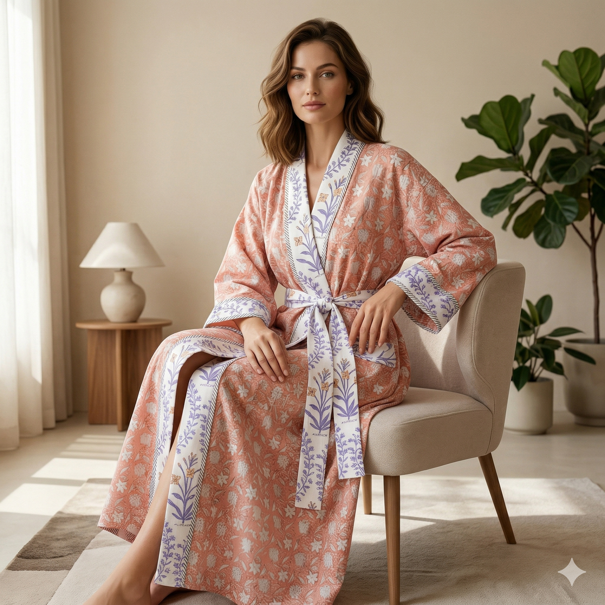 Reversible Block Printed Cotton Wrap Dress | Mint Green Stripe & Pink Floral Motif Lounge Robe