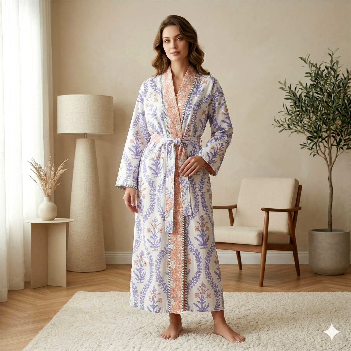 Reversible Block Printed Cotton Wrap Dress | Mint Green Stripe & Pink Floral Motif Lounge Robe