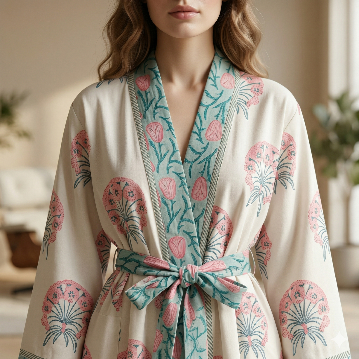 Reversible Block Printed Cotton Wrap Dress | Mint Green Stripe & Pink Floral Motif Lounge Robe