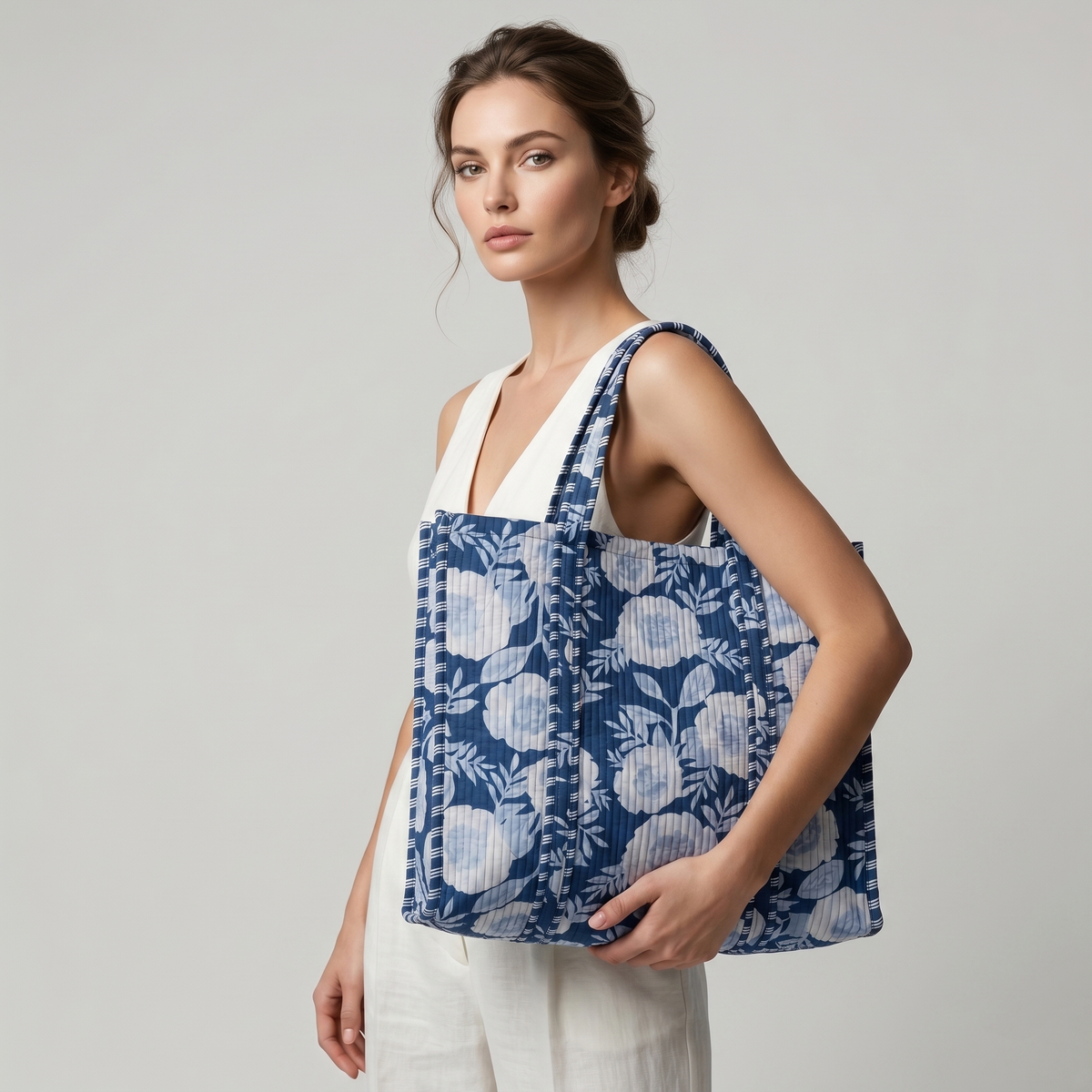 Handmade Indigo White Floral Block Print Quilted Cotton Tote Bag, Indian Boho Shoulder Bag, Botanical Travel Shopping Beach Bag