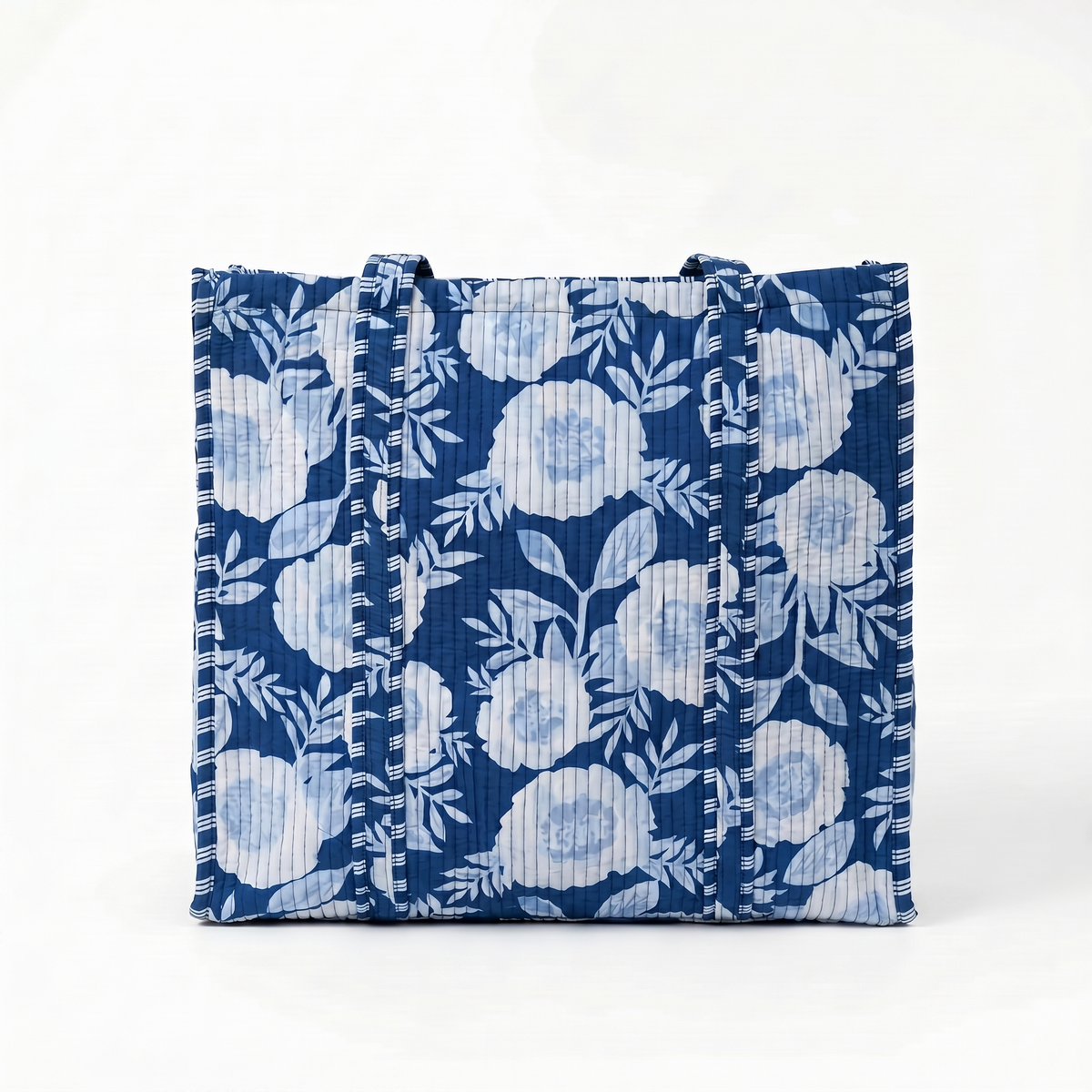 Handmade Indigo White Floral Block Print Quilted Cotton Tote Bag, Indian Boho Shoulder Bag, Botanical Travel Shopping Beach Bag