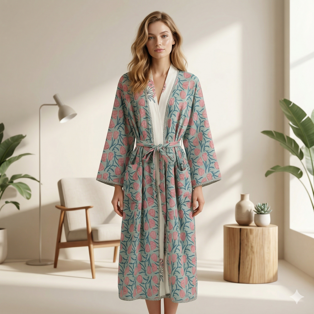 Reversible Block Printed Cotton Wrap Dress | Mint Green Stripe & Pink Floral Motif Lounge Robe