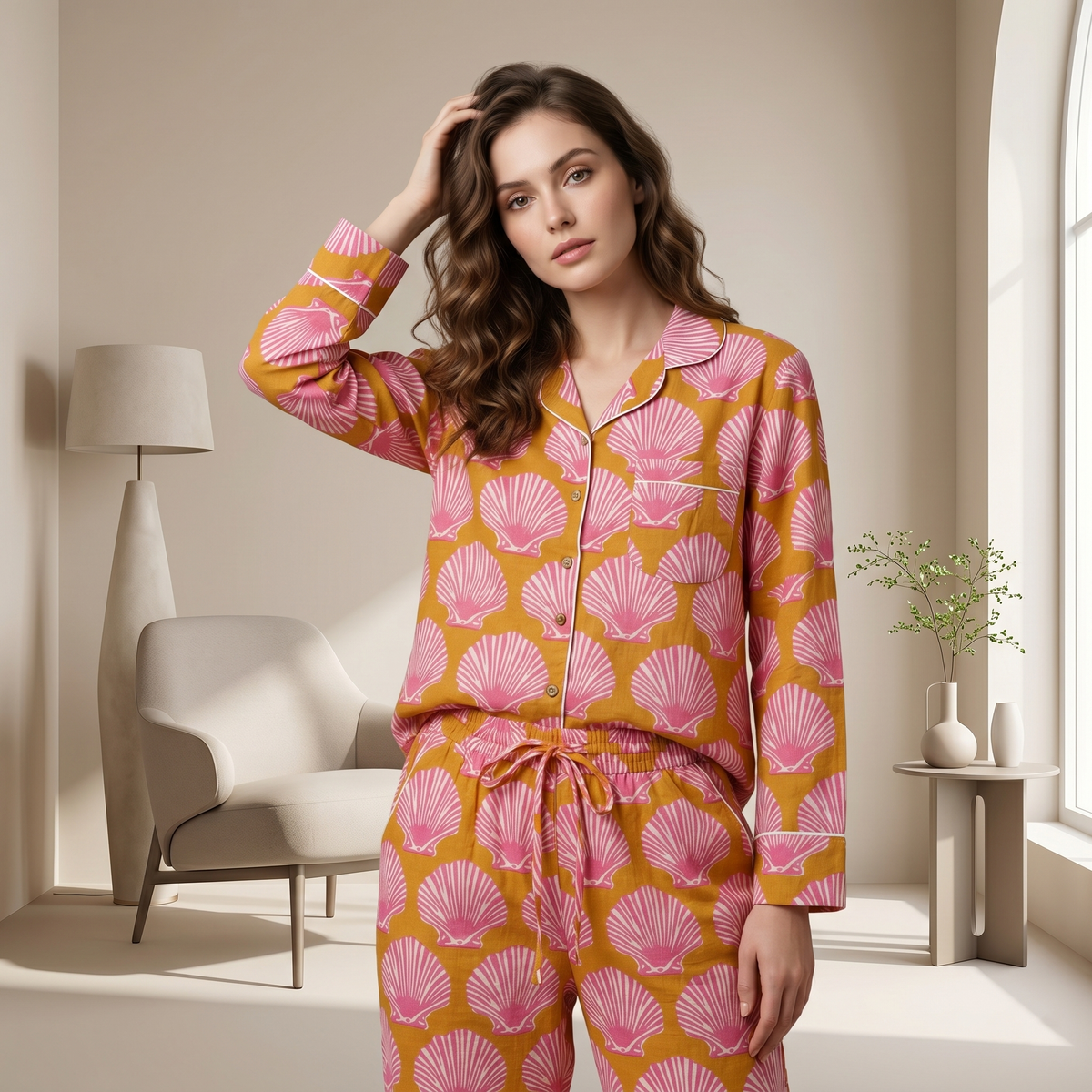 Seashell Block Print Cotton Nightwear Set, Soft Cotton Lounge & Sleepwear For Women, Bridesmaids Loungewear