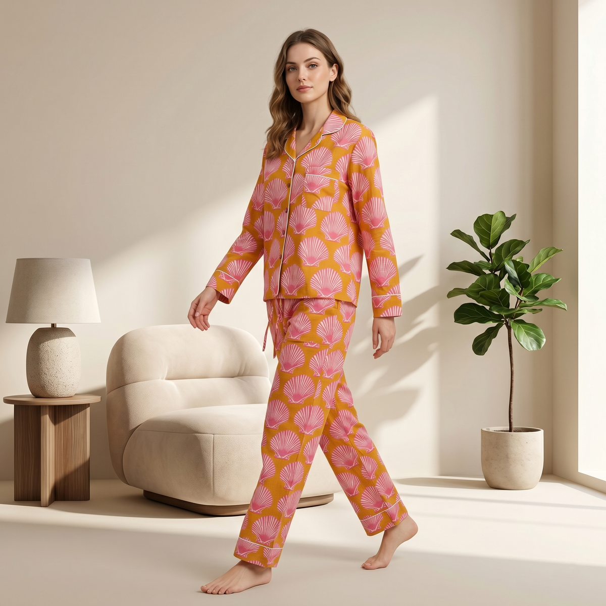 Seashell Block Print Cotton Nightwear Set, Soft Cotton Lounge & Sleepwear For Women, Bridesmaids Loungewear