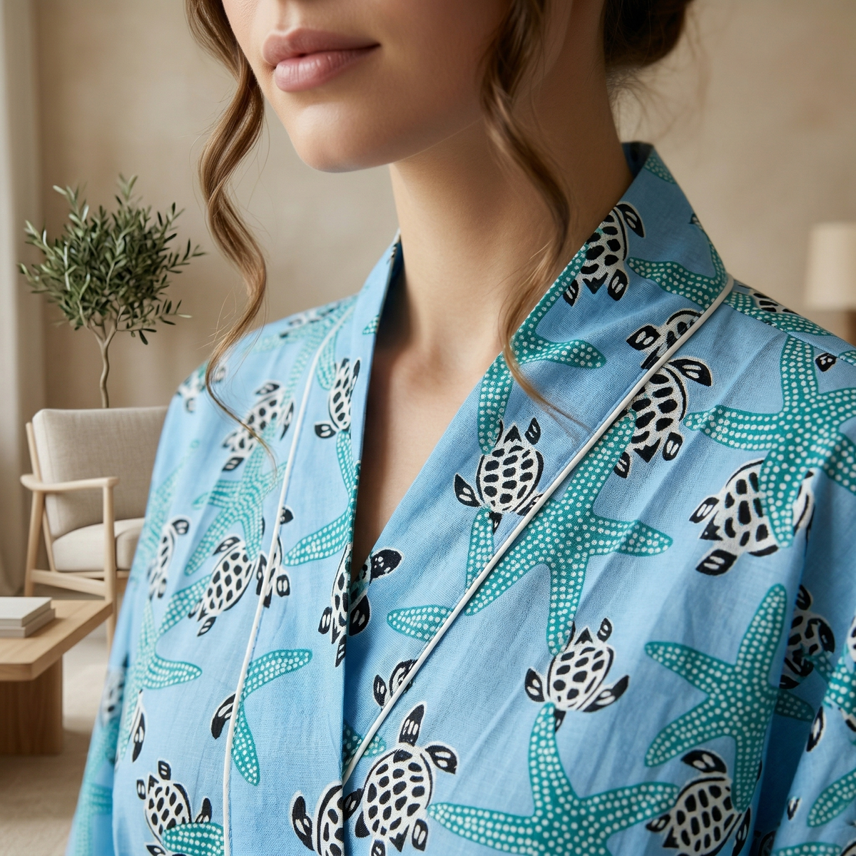 Ocean Blue Cotton Kimono Bathrobe | Sea Turtle & Starfish Print Beach Resort Lounge Wear