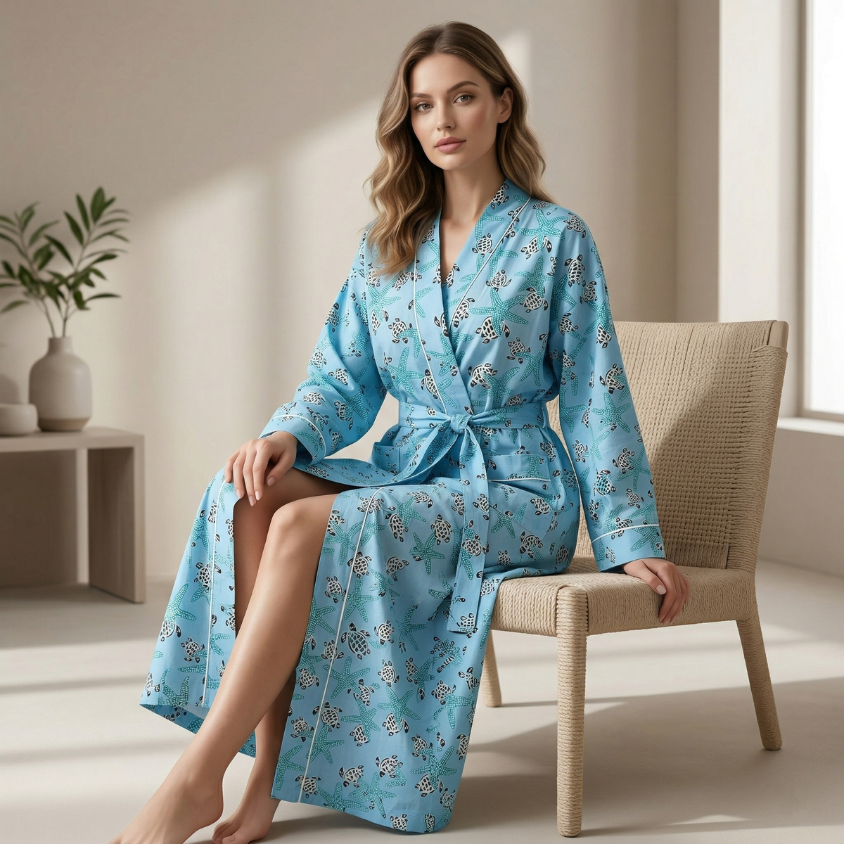 Ocean Blue Cotton Kimono Bathrobe | Sea Turtle & Starfish Print Beach Resort Lounge Wear