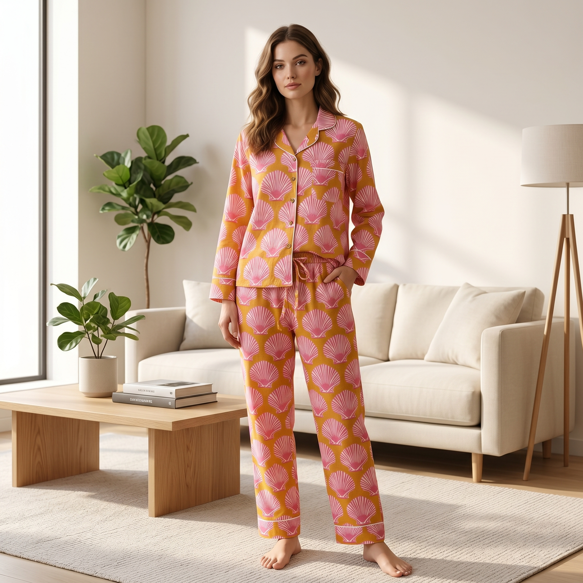 Seashell Block Print Cotton Nightwear Set, Soft Cotton Lounge & Sleepwear For Women, Bridesmaids Loungewear