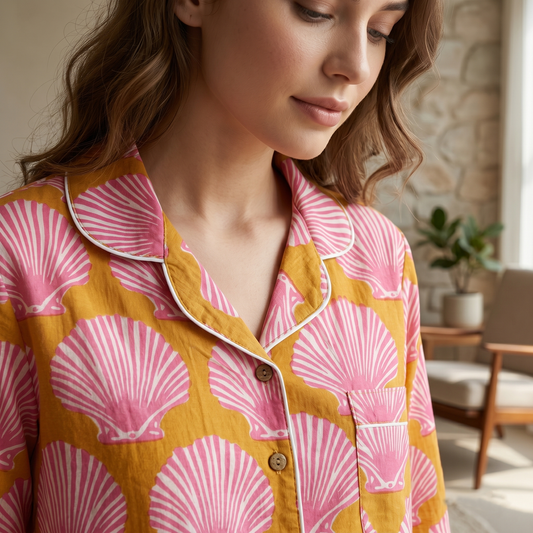 Seashell Block Print Cotton Nightwear Set, Soft Cotton Lounge & Sleepwear For Women, Bridesmaids Loungewear