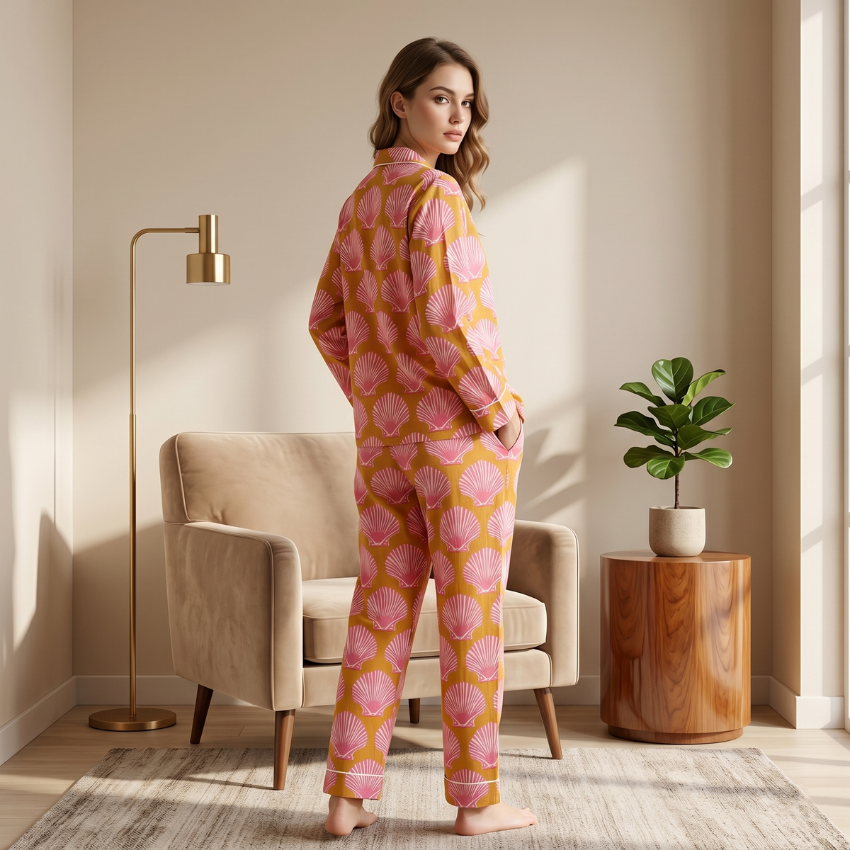 Seashell Block Print Cotton Nightwear Set, Soft Cotton Lounge & Sleepwear For Women, Bridesmaids Loungewear