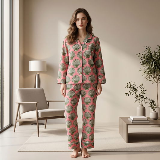 Seashell Block Print Cotton Nightwear Set, Soft Cotton Lounge & Sleepwear For Women, Bridesmaids Loungewear (Copy)