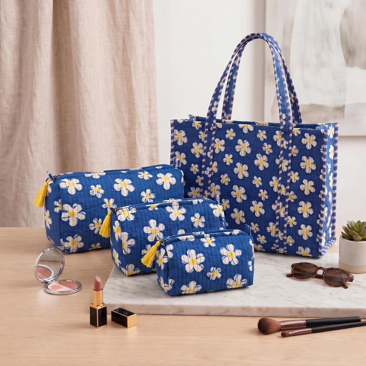 Handmade Royal Blue Daisy Block Print Quilted Cotton Tote Bag, Indian Boho Shoulder Bag, Floral Travel Shopping Beach Bag