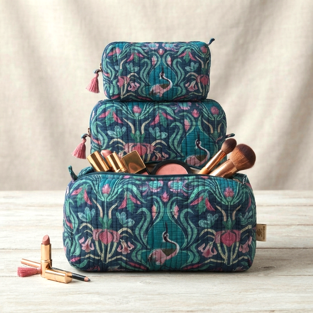 Set Of 3 Makeup Bag, Teal Heron Botanical Block Print Cotton Travel Case, Quilted Cosmetic Storage Bag Set