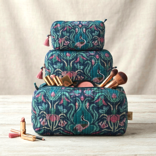 Set Of 3 Makeup Bag, Teal Heron Botanical Block Print Cotton Travel Case, Quilted Cosmetic Storage Bag Set