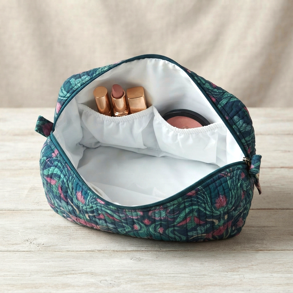 Set Of 3 Makeup Bag, Teal Heron Botanical Block Print Cotton Travel Case, Quilted Cosmetic Storage Bag Set