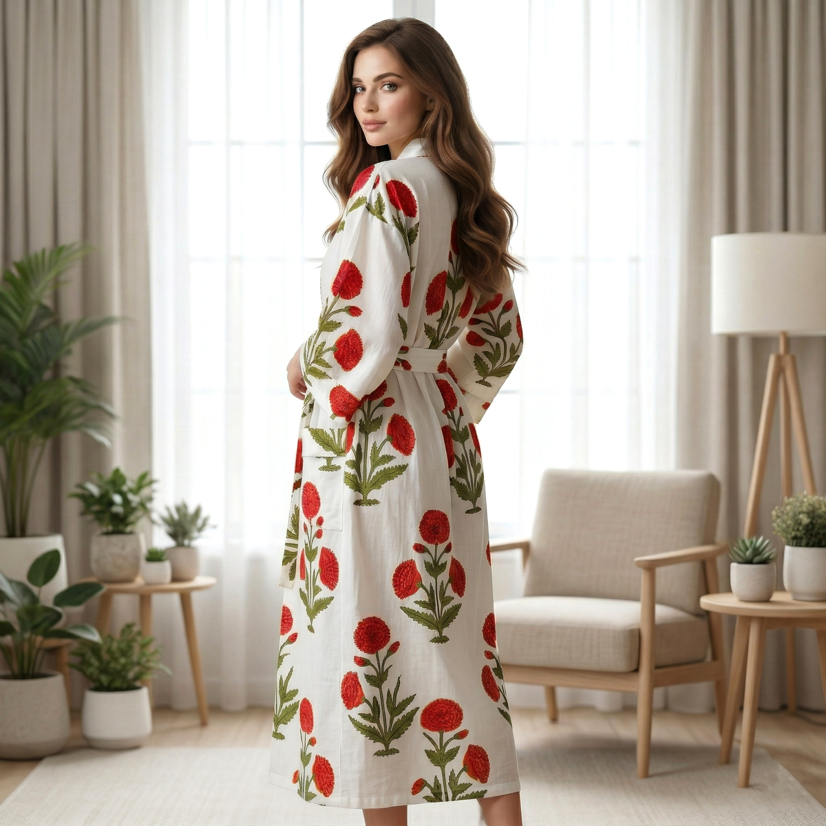 Handcrafted Block Print Cotton Kimono Robe | White & Golden Yellow Floral Botanical Lounge Robe | Spa & Sleepwear