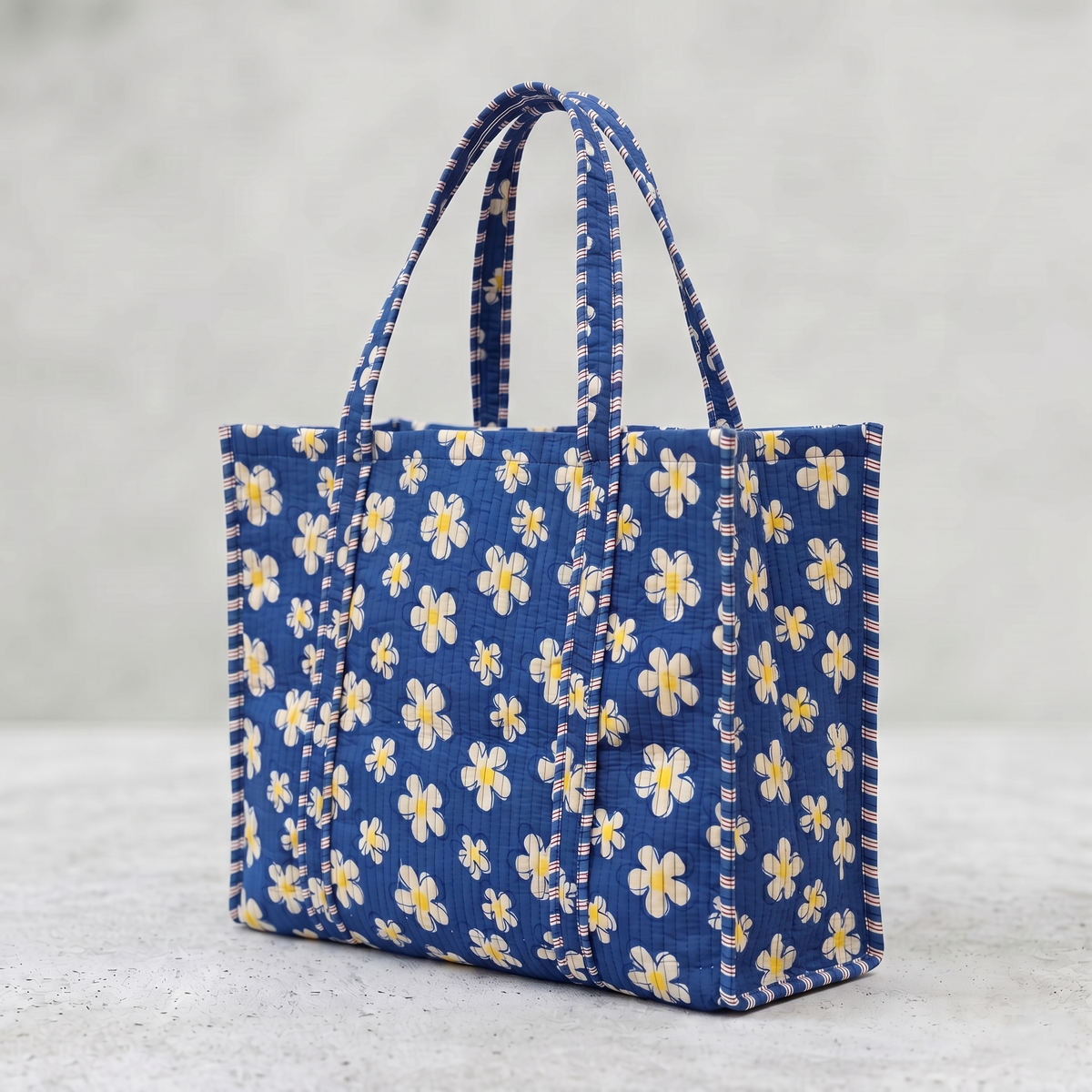 Handmade Royal Blue Daisy Block Print Quilted Cotton Tote Bag, Indian Boho Shoulder Bag, Floral Travel Shopping Beach Bag