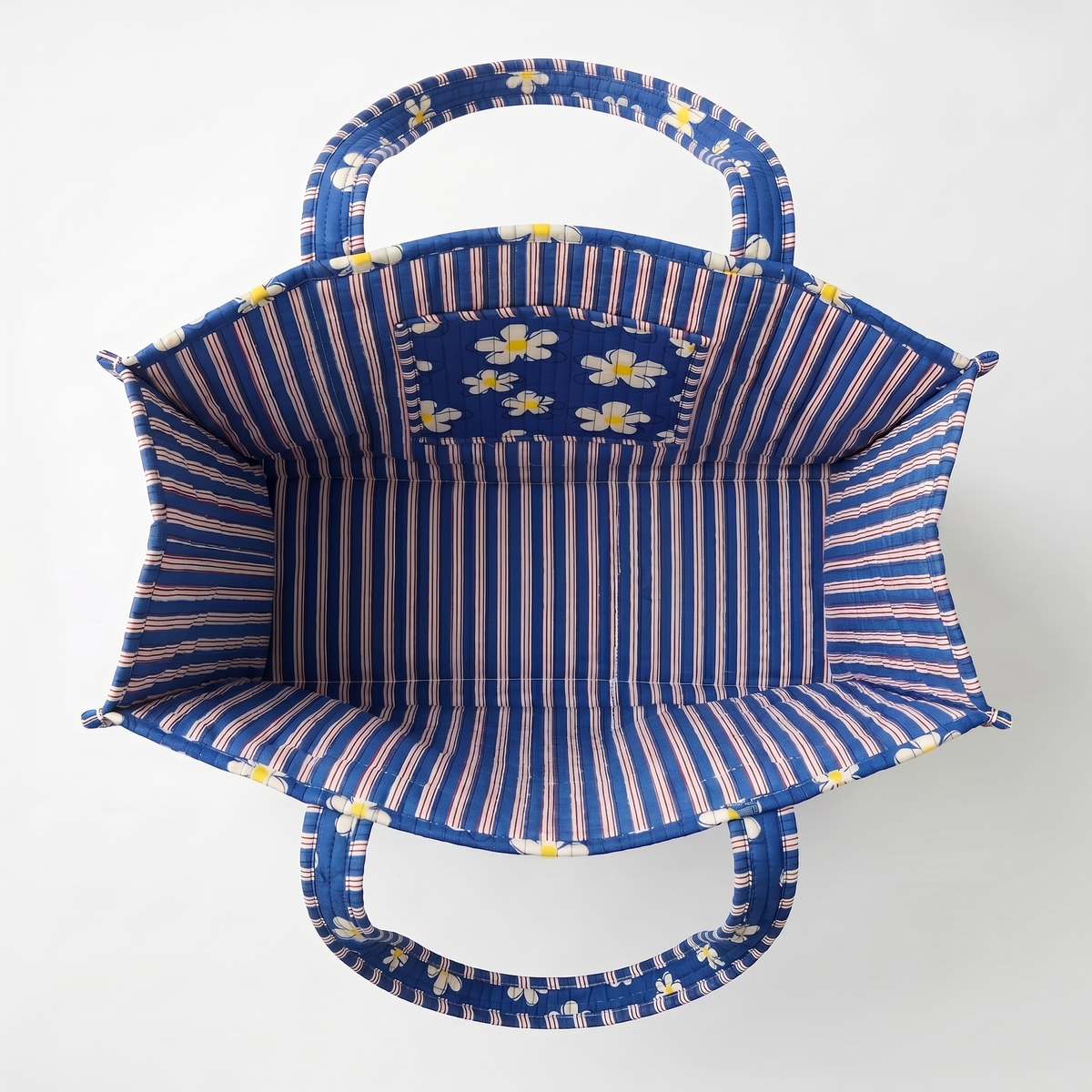 Handmade Royal Blue Daisy Block Print Quilted Cotton Tote Bag, Indian Boho Shoulder Bag, Floral Travel Shopping Beach Bag