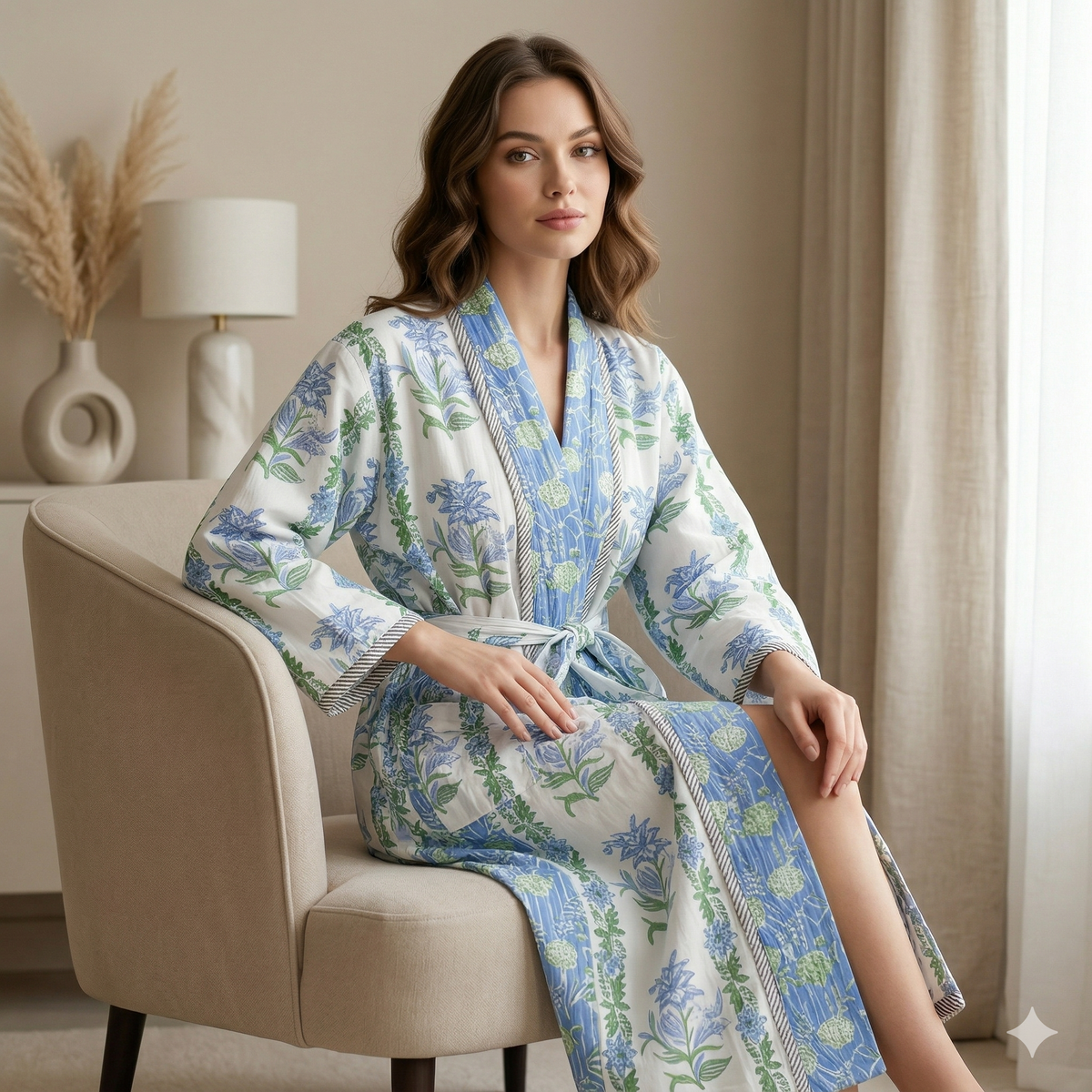 Reversible Block Printed Cotton Wrap Dress | Mint Green Stripe & Pink Floral Motif Lounge Robe