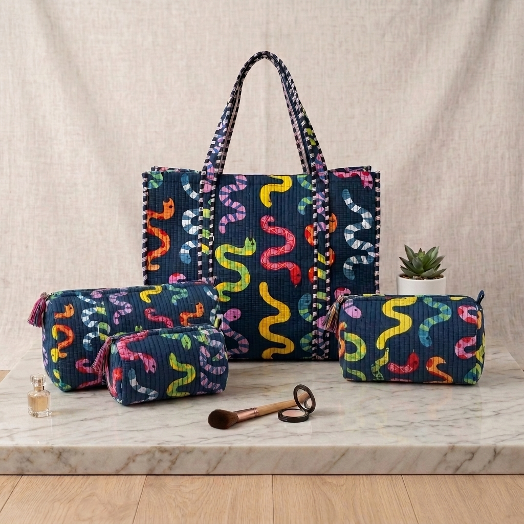 Handmade Navy Snake Print Quilted Cotton Tote Bag, Indian Block Print Serpent Boho Shoulder Bag, Animal Print Travel Beach Bag