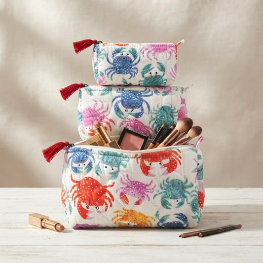 Set Of 3 Makeup Bag, Ocean Crab Print Cotton Travel Case, Quilted Cosmetic Storage Bag Set