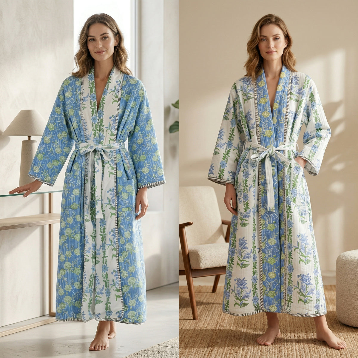 Reversible Block Printed Cotton Wrap Dress | Mint Green Stripe & Pink Floral Motif Lounge Robe