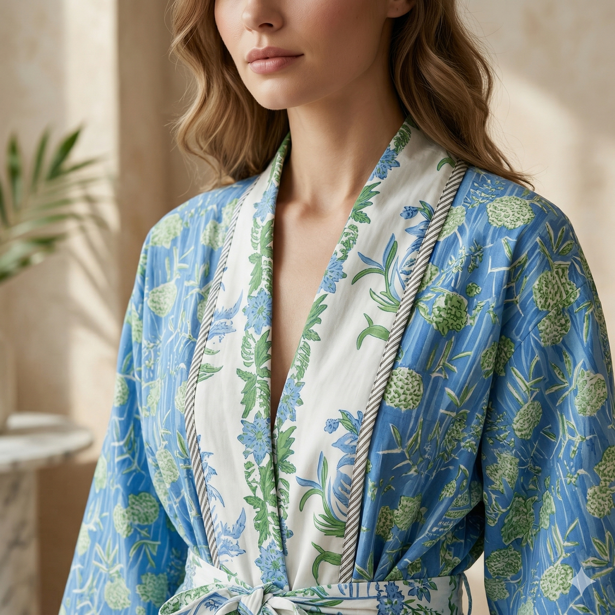 Reversible Block Printed Cotton Wrap Dress | Mint Green Stripe & Pink Floral Motif Lounge Robe