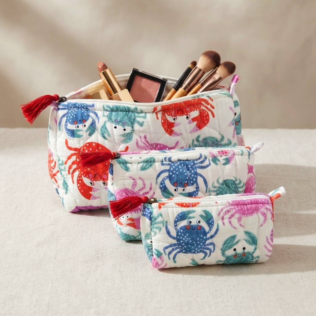 Set Of 3 Makeup Bag, Ocean Crab Print Cotton Travel Case, Quilted Cosmetic Storage Bag Set