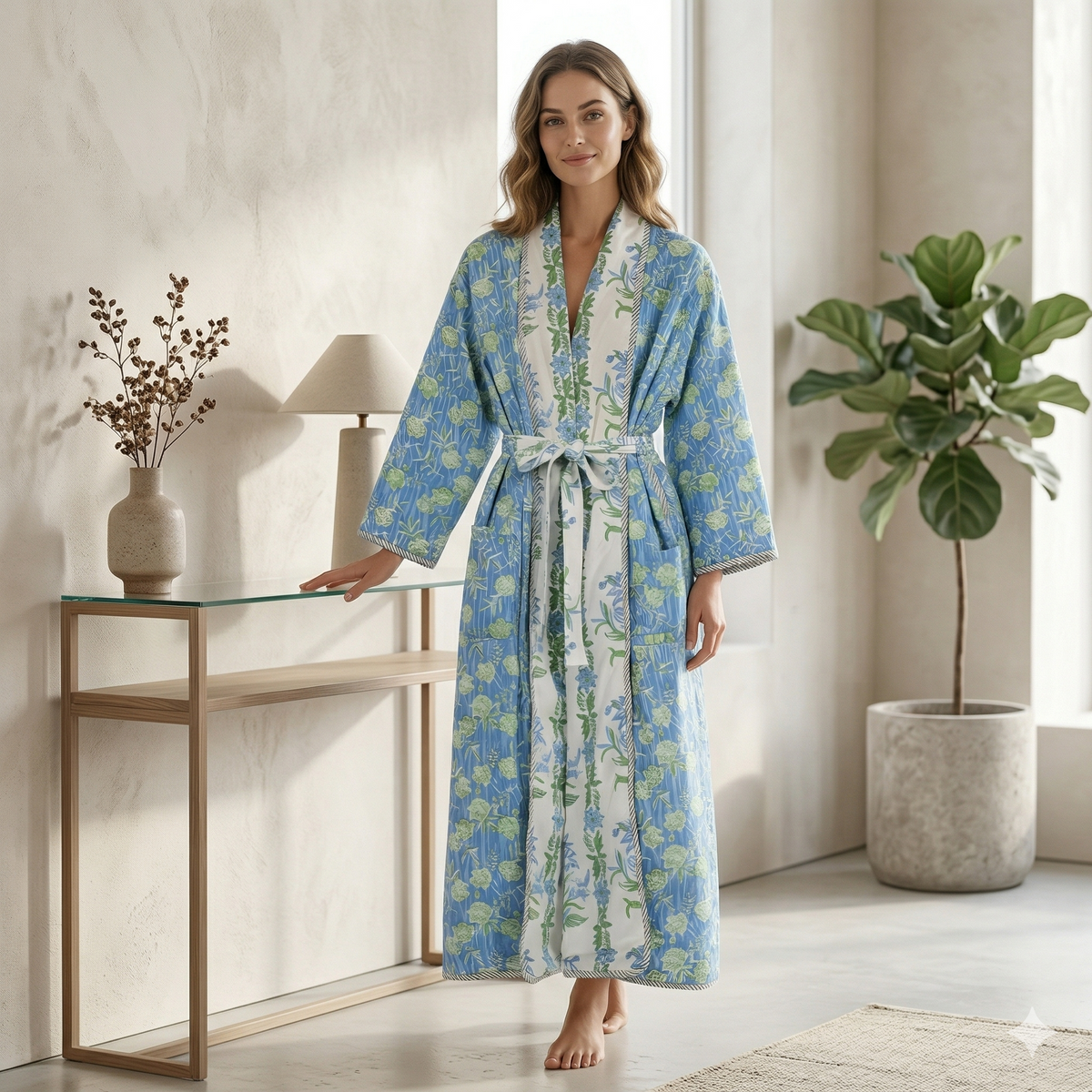 Reversible Block Printed Cotton Wrap Dress | Mint Green Stripe & Pink Floral Motif Lounge Robe