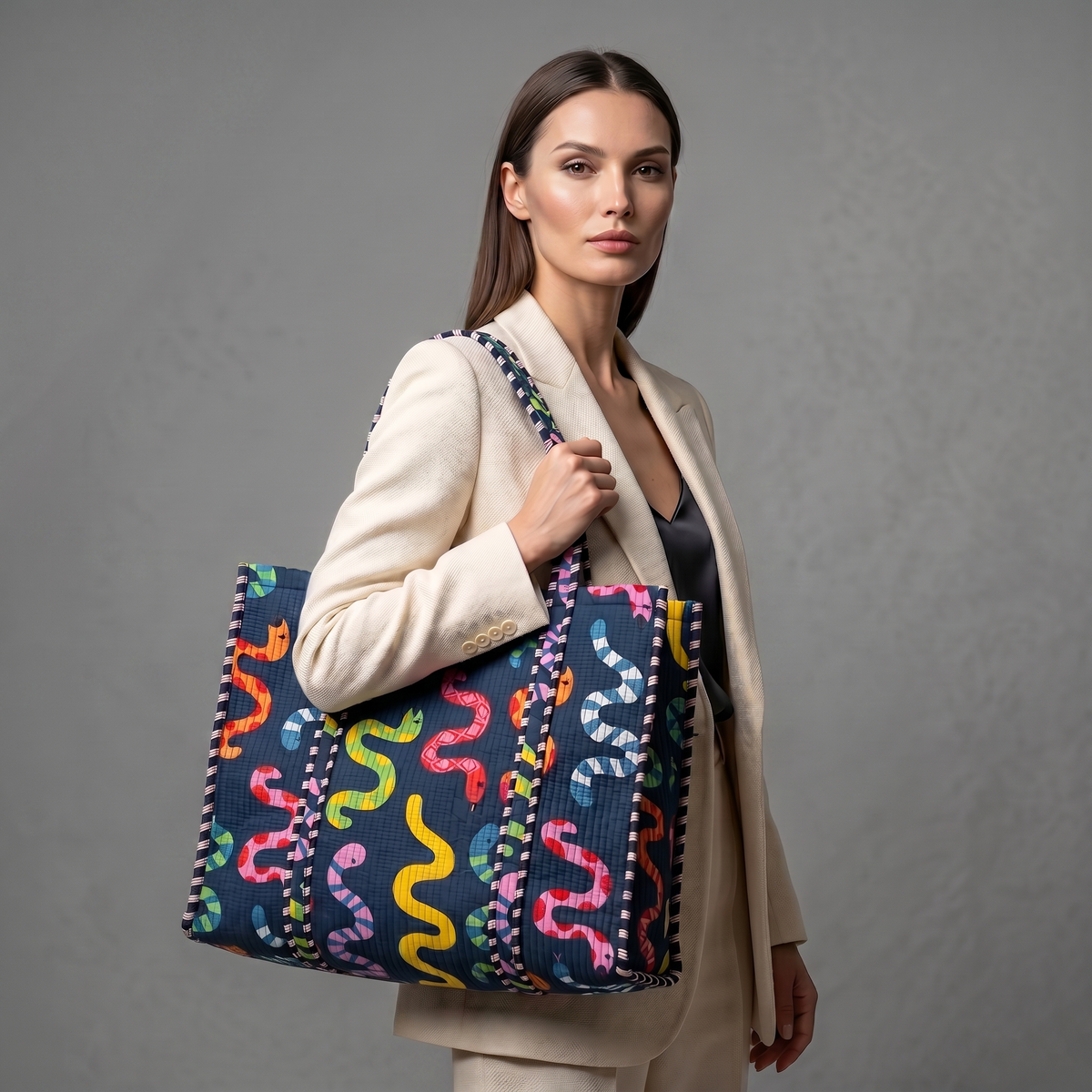 Handmade Navy Snake Print Quilted Cotton Tote Bag, Indian Block Print Serpent Boho Shoulder Bag, Animal Print Travel Beach Bag