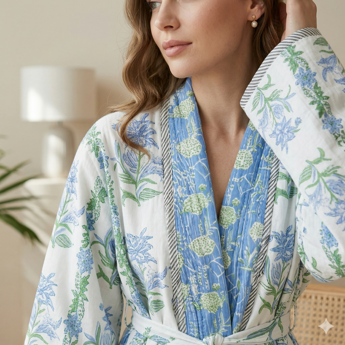 Reversible Block Printed Cotton Wrap Dress | Mint Green Stripe & Pink Floral Motif Lounge Robe