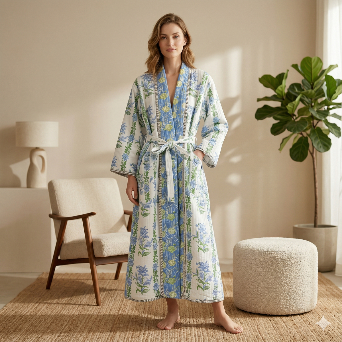 Reversible Block Printed Cotton Wrap Dress | Mint Green Stripe & Pink Floral Motif Lounge Robe