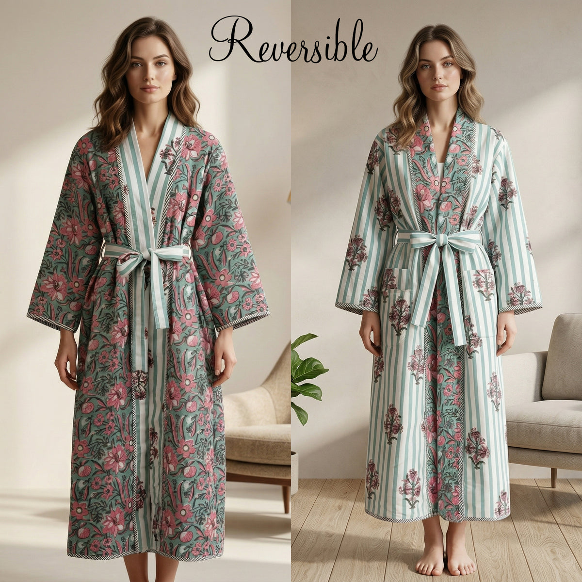 Reversible Block Printed Cotton Wrap Dress | Mint Green Stripe & Pink Floral Motif Lounge Robe