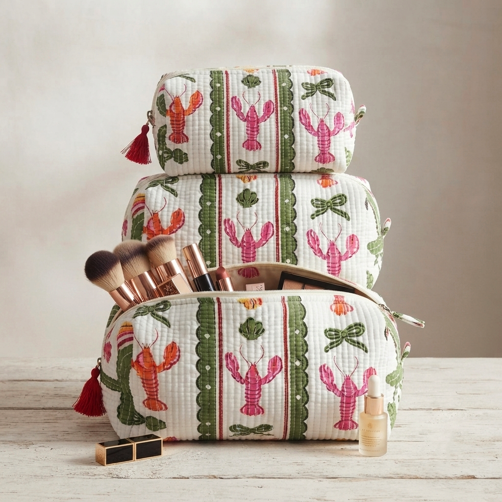 Set Of 3 Makeup Bag, Coastal Lobster Stripe Block Print Cotton Travel Case, Quilted Cosmetic Storage Bag Set