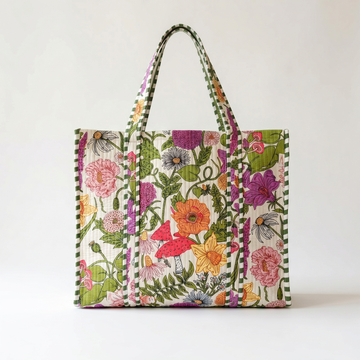 Handmade Cream Wildflower Meadow Block Print Quilted Cotton Tote Bag, Indian Boho Shoulder Bag, Floral Garden Travel Beach Bag