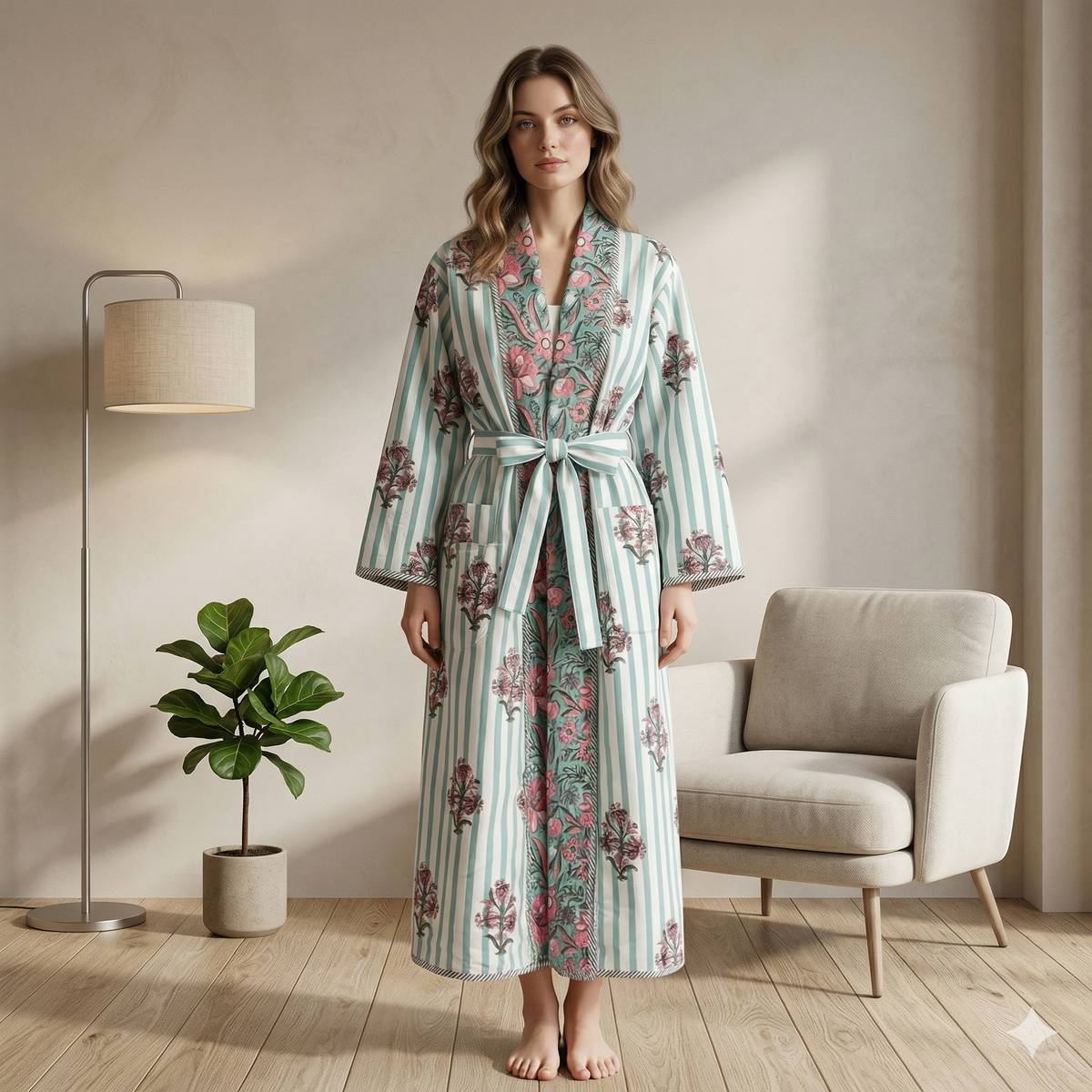 Reversible Block Printed Cotton Wrap Dress | Mint Green Stripe & Pink Floral Motif Lounge Robe