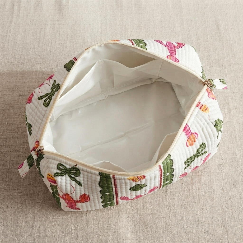 Set Of 3 Makeup Bag, Coastal Lobster Stripe Block Print Cotton Travel Case, Quilted Cosmetic Storage Bag Set