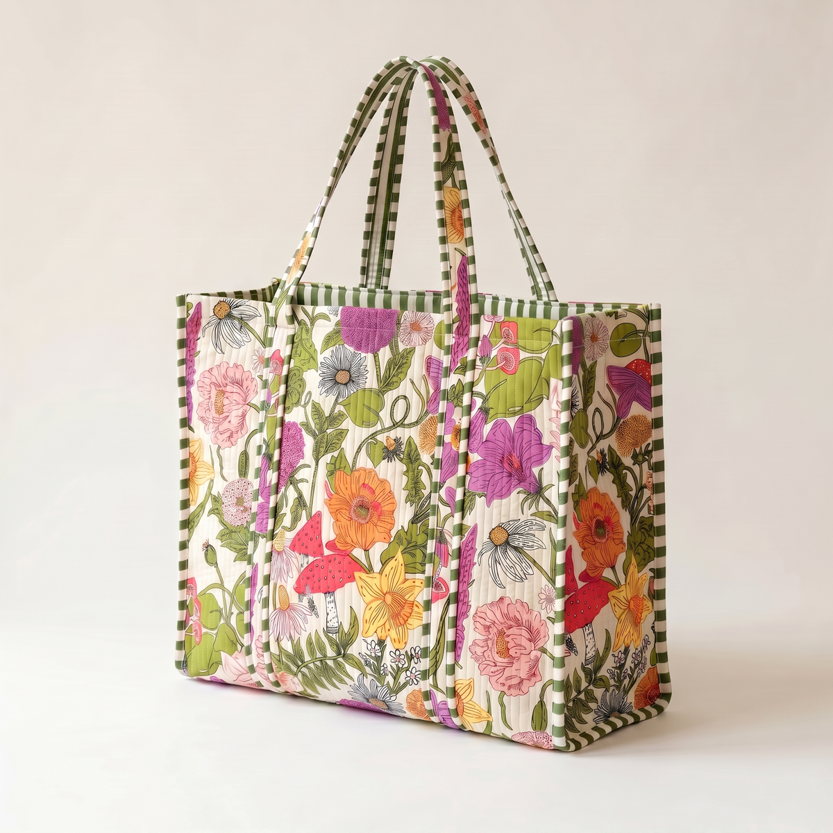 Handmade Cream Wildflower Meadow Block Print Quilted Cotton Tote Bag, Indian Boho Shoulder Bag, Floral Garden Travel Beach Bag