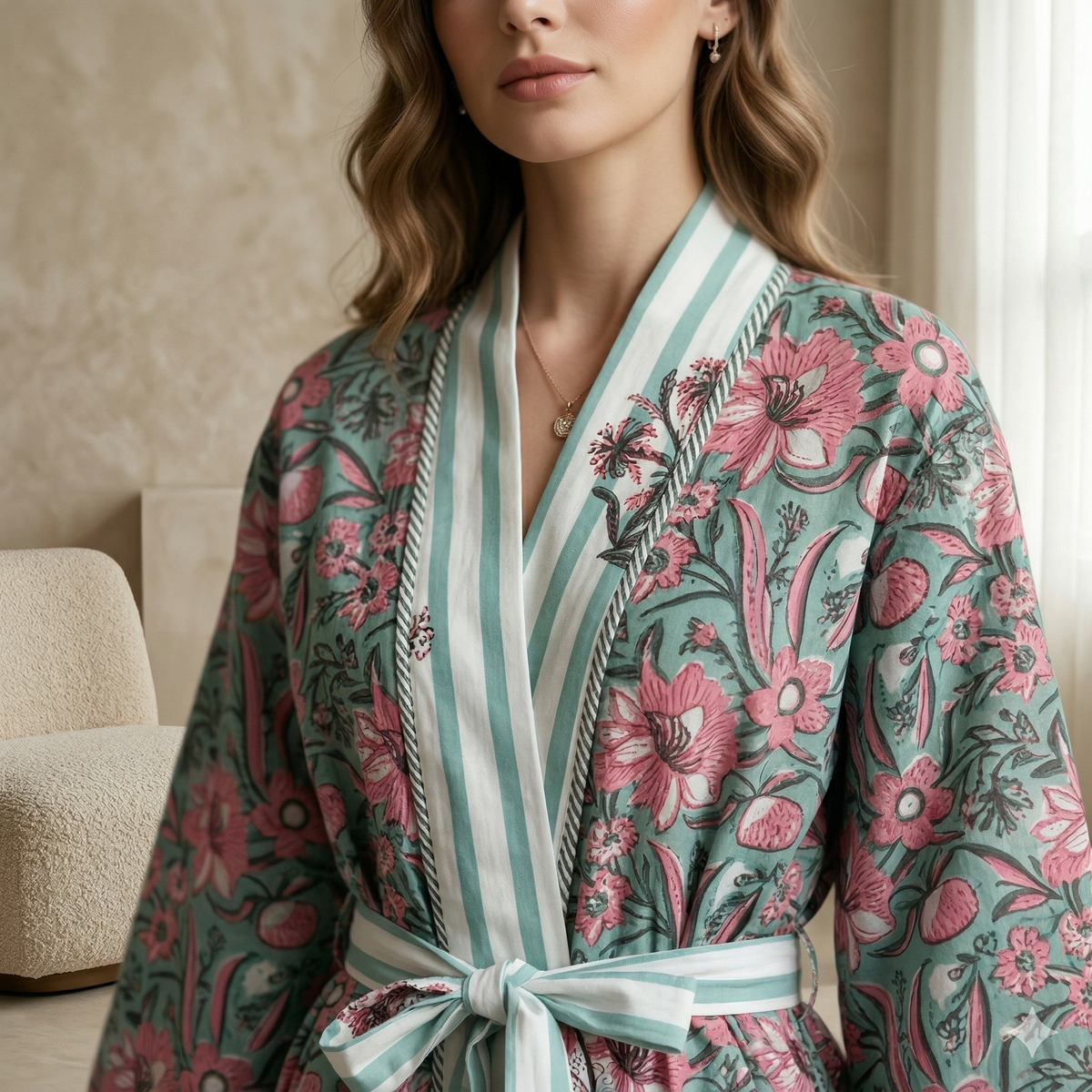 Reversible Block Printed Cotton Wrap Dress | Mint Green Stripe & Pink Floral Motif Lounge Robe