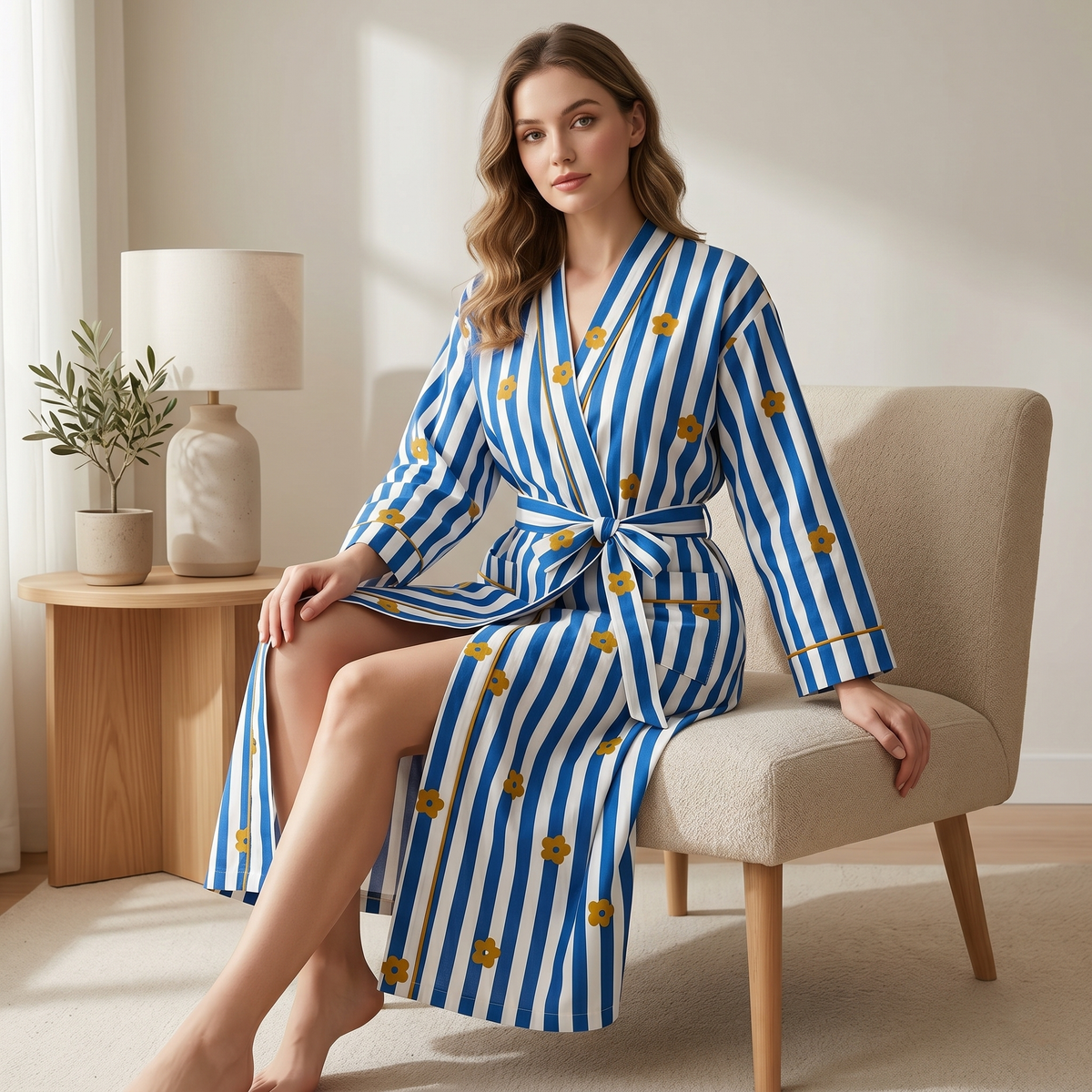 Royal Blue Striped Cotton Kimono | Mustard Floral Motif Block Print Bathrobe & Nightwear