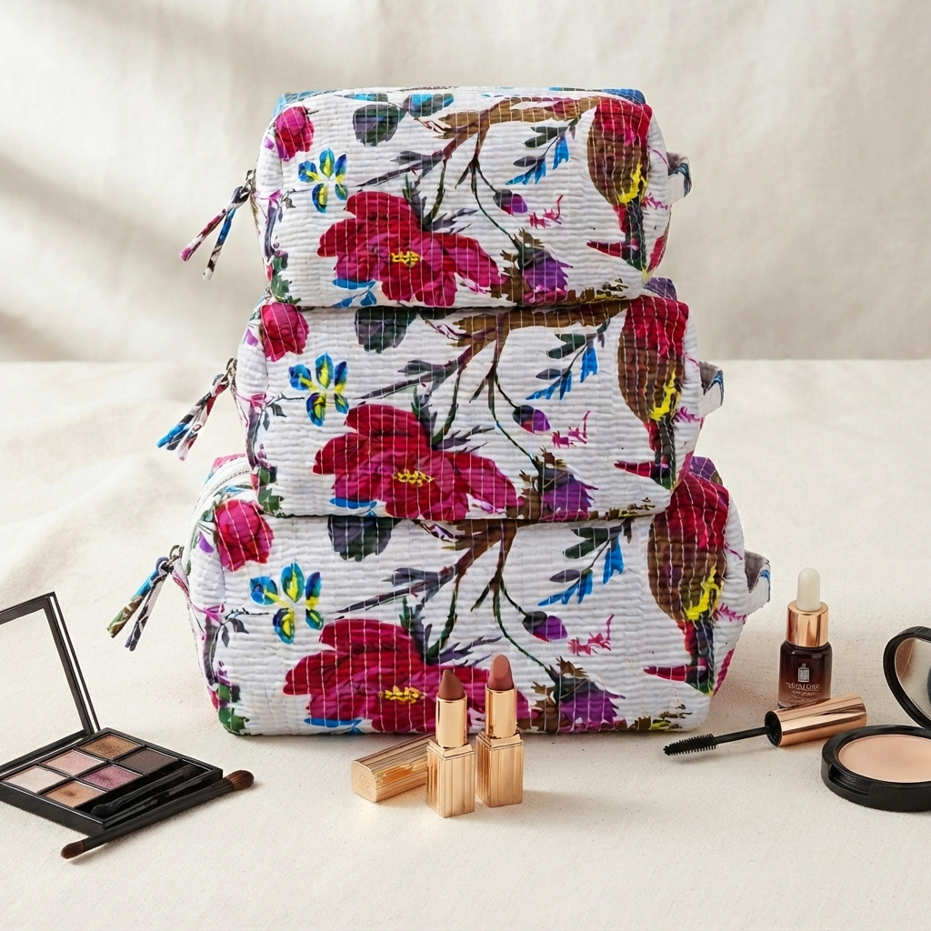 Set Of 3 Makeup Bag, Ivory Blossom Floral Block Print Cotton Travel Case, Quilted Cosmetic Storage Bag Set