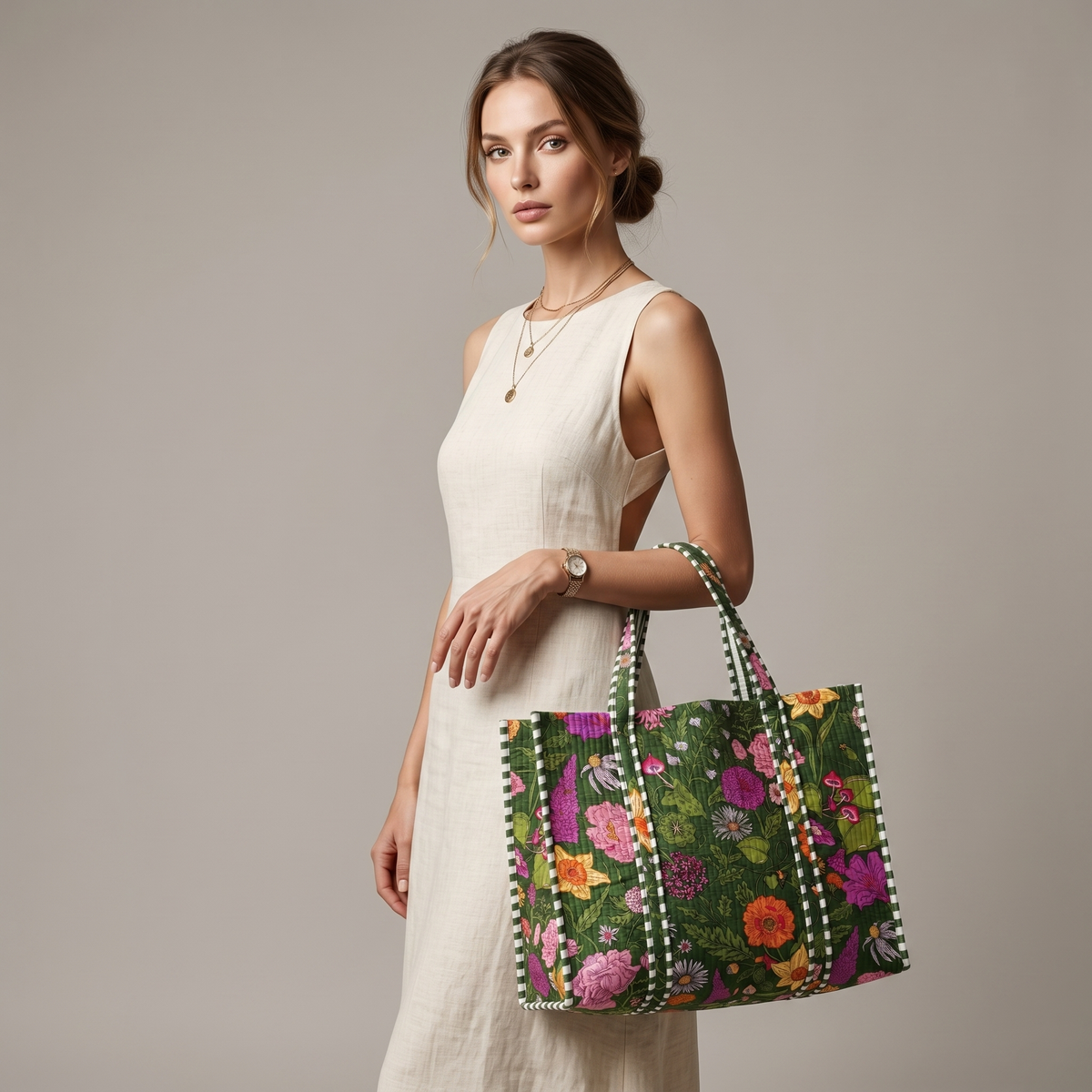 Handmade Cream Wildflower Meadow Block Print Quilted Cotton Tote Bag, Indian Boho Shoulder Bag, Floral Garden Travel Beach Bag