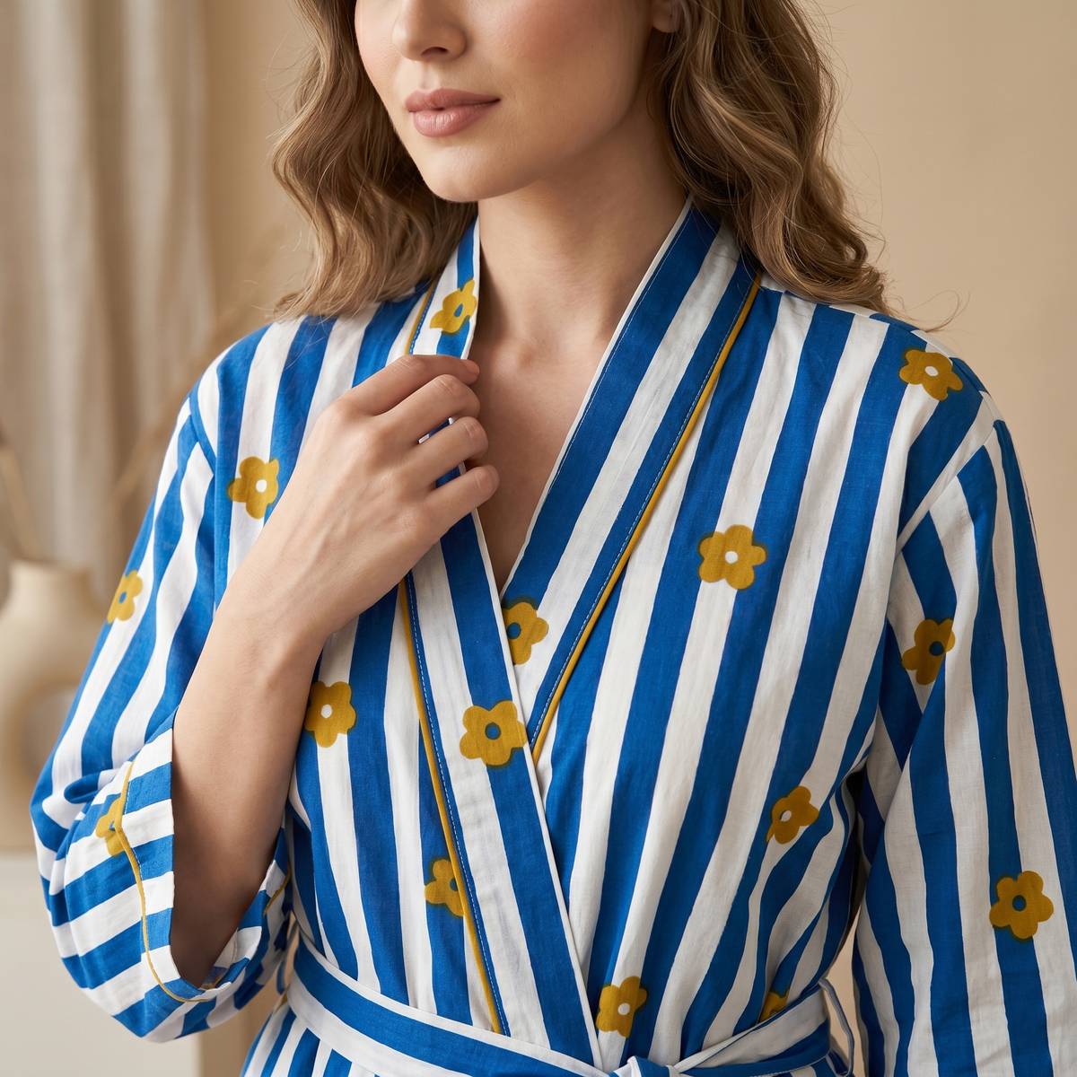 Royal Blue Striped Cotton Kimono | Mustard Floral Motif Block Print Bathrobe & Nightwear